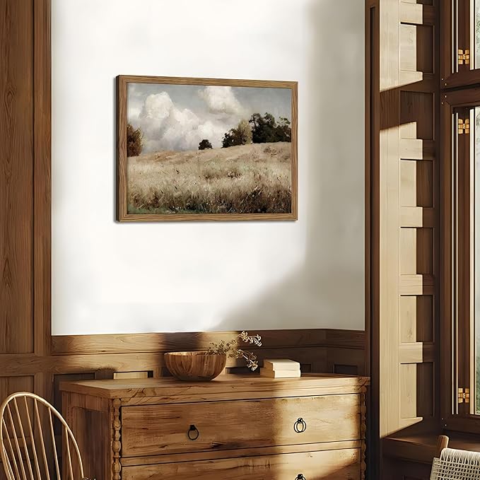 Framed Vintage Landscape Wall Art Set of 2, Rustic Farmhouse Field Canvas Wall Decor Paintings, Retro Nature Country Artwork Prints Pictures for Living Room Bedroom Home Decor 12x16 Inch