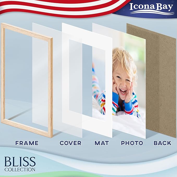 Icona Bay - 11x14 Light Oak Picture Frame with Removable Mat for 8x10 Photo - Modern Style Engineered Wood Frame - Wall Mount Only - Bliss Collection