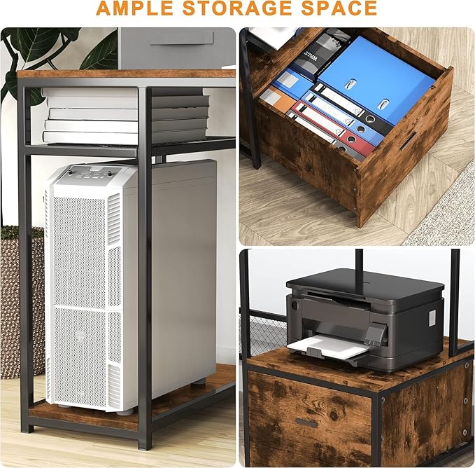 Home Office Desks with Drawers, 66'' Computer Desk with Storage, Office Desk with Monitor Stand, Work Desk with Outlets and USB, Gaming Table Desk with File Cabinet for Home Office Table, Brown