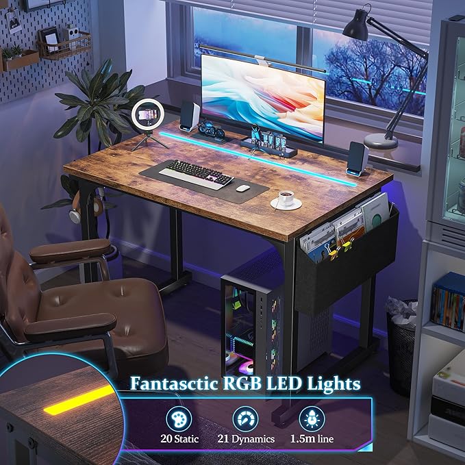 32 Inch Computer Desk with LED Lights for Small Spaces, Office Desk for Home Office, Study Desk Writing Table with Storage Bag, Headphone Hook, Rustic Brown