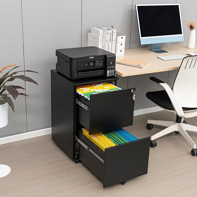 JULYFOX 2 Drawers Mobile File Cabinet W/Lock, 27.2 inch Black Steel Filing Cabinet on Casters with 2 Keys Fully Extension Drawers Letter Legal A4 Size 300 lb Heavy Duty-Black