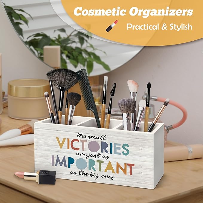 Boho Inspirational Pen Holder Organizer for Desk Accessories, the Small Victories Are Just As Important As the Big Ones Motivational Wooden Box Sign Desk Decorations for Home Office Decor