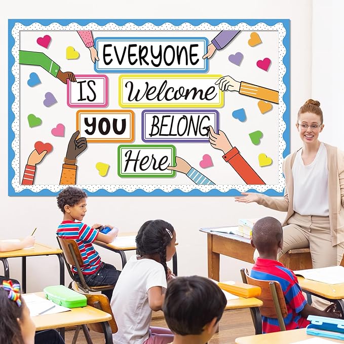 51PCS Everyone is Welcome Bulletin Board You Belong Here Classroom Bulletin Board Decorations Motivational Heart Hand Paper Cutouts for School Classroom Office Home Chalkboard Decor Wall Door Supplies