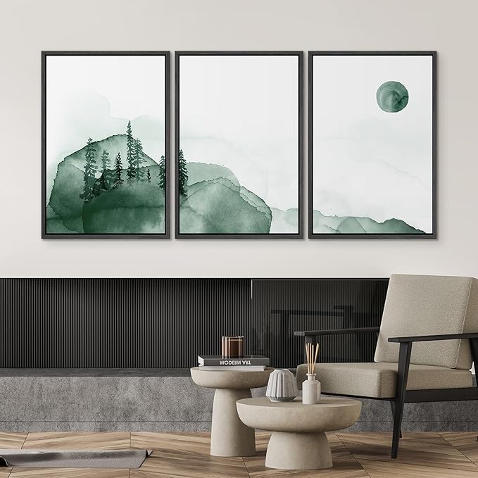 SIGNWIN 3 Piece Framed Canvas Wall Art Green Watercolor Landscape with Moon Nature Wilderness Illustrations Abstract Traditional Home Artwork Decoration for Living Room,Bedroom - 24"x36"x3 Black