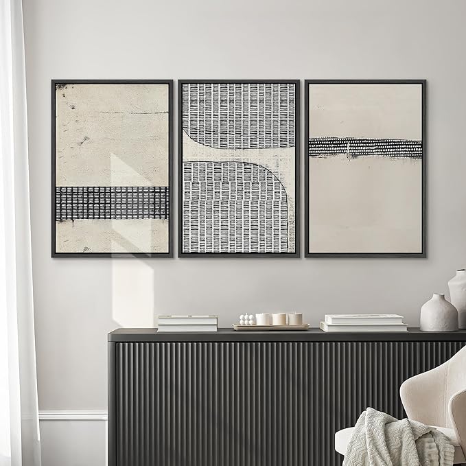 SIGNWIN Framed Canvas Print Wall Art Set Black Tan Grunge Grid Polygon Pattern Abstract Shapes Cozy Neutral Decorative Contemporary Minimal for Living Room, Bedroom, Office - 16"x24"x3 Black
