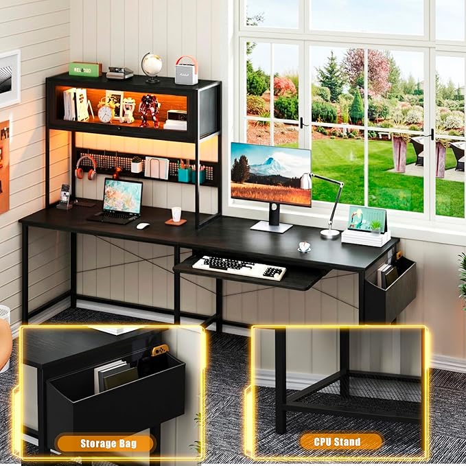 L Shaped Gaming Desk with Power Outlets & LED Lights, 39'' Small Reversible Computer Desk with Hutch & Pegboard & Display Cabinet, Corner Home Office Desk with Keyboard Tray & Storage Bag, Black