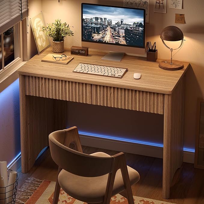 Bestier 40 Inch Fluted Wood Computer Desk with Drawers, Modern Home Office Desk, Compact Writing Desk, Laptop PC Desk for Bedroom, Studio, Study Room, Small Space & Dorm