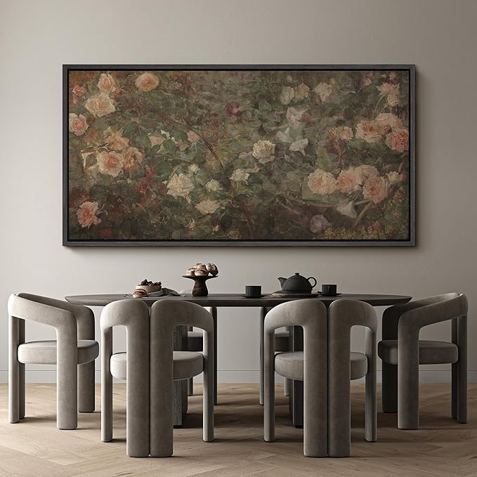 SIGNFORD Extra Large Framed Canvas Vintage White Rose Garden Print Classic Floral Illustrations Modern Art Calm Warm for Living Room, Bedroom, Office - 60"x30"