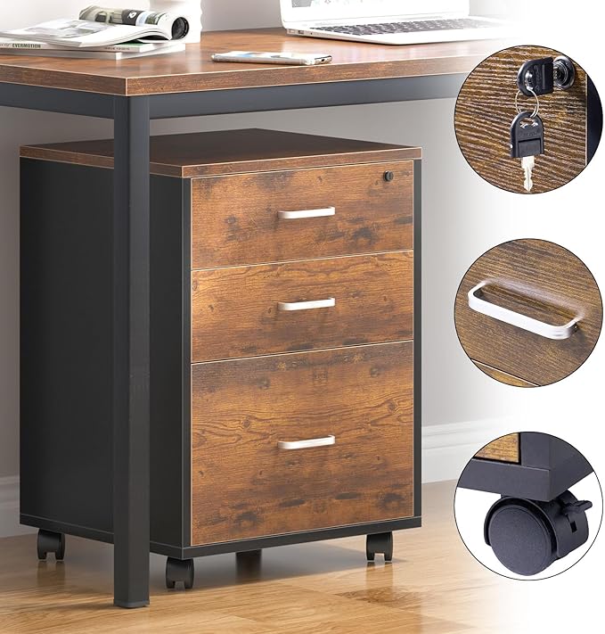 Need 3 Drawer Wood Mobile File Cabinet with Lock,Rolling Filing Cabinet for Letter/A4 Size for Home Office,Rustic Brown ND-10CZLXFC04FG