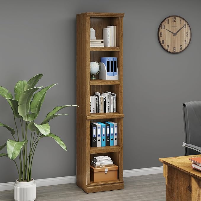 70" Tall Bookcase, Oak Narrow Floor Standing Bookshelf, 5 Tier Shelves Open Storage Organizer, Book Case for Living Room Hallway Kitchen Home Office Bathroom, Vintage Oak- 5 Tier