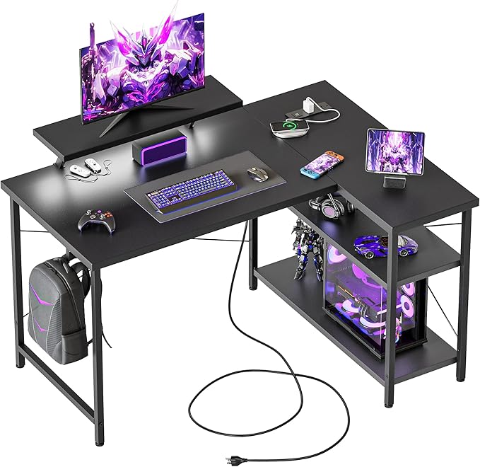 Mericonia Small L Shaped Computer Desk with Power Outlets, Reversible Gaming Desk with Storage Shelves & Monitor Stand, Corner Gamer Desk Table, Study Writing Table