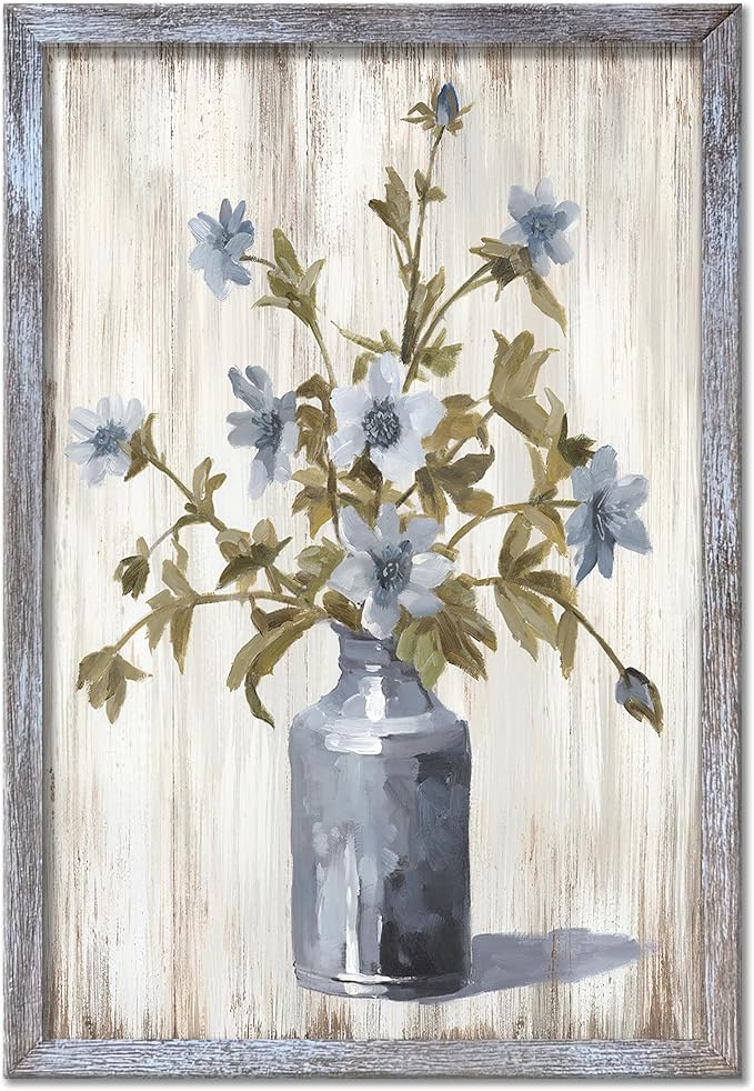 UTOP-art Floral Artwork Picture - Soft Blue Gray Flower Painting for Bathroom and Bedroom Wall Decor 11"x16"