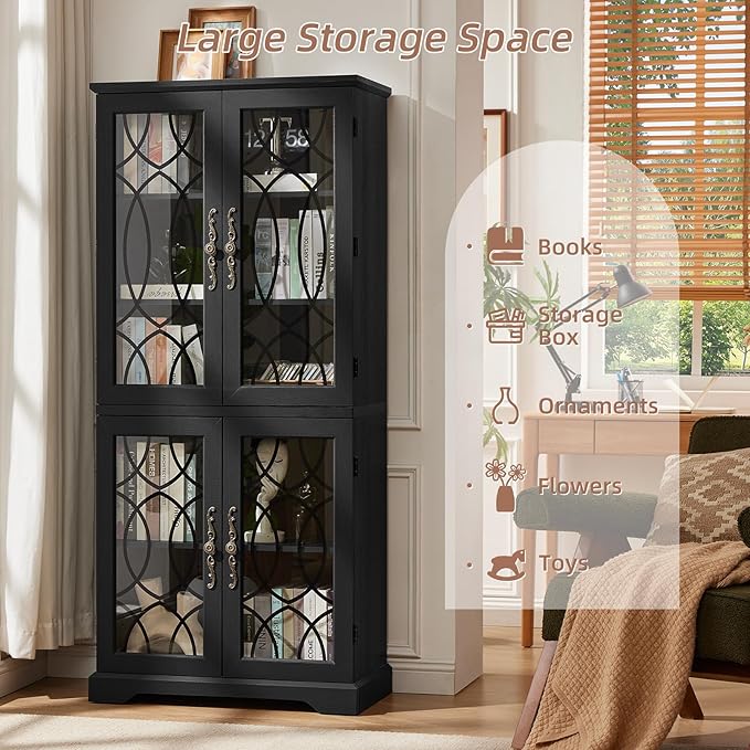 67" Tall Bookshelf, Rustic Book Shelf w/Vintage Pattern Tempered Glass Doors, 5-Tier Wood Bookcase with Adjustable Storage Shelves, Retro Curio Display Cabinet for Living Room, Black