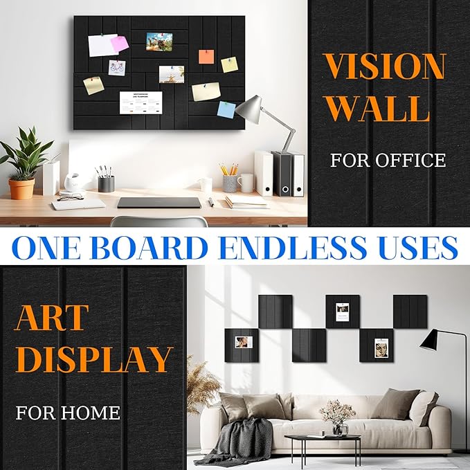 DOLLAR BOSS Felt Cork Board Tiles, 6 Packs 12" x 12" 1/2" Thick Bulletin Board Adhesive Acoustic Panels Soundproof Corkboards for Walls with 60 Pushpins for Home Office Kitchen School, Black Stripe