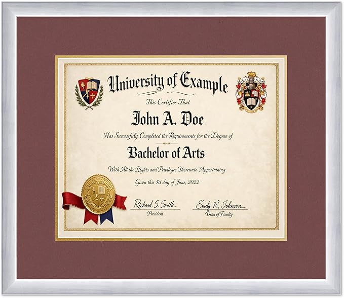 CountryArtHouse Diploma Frame Fits 15 x 12 Military/Government - Keepsake Graduation Display Stainless Silver Genuine Hardwood with Dark Red Over Metallic Gold Double mat