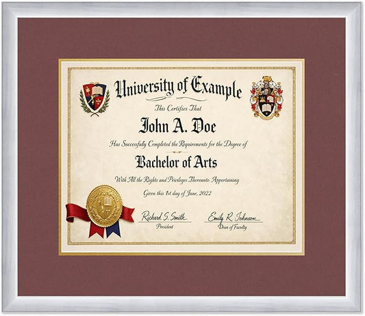 CountryArtHouse Diploma Frame Fits 15 x 12 Military/Government - Keepsake Graduation Display Stainless Silver Genuine Hardwood with Dark Red Over Metallic Gold Double mat