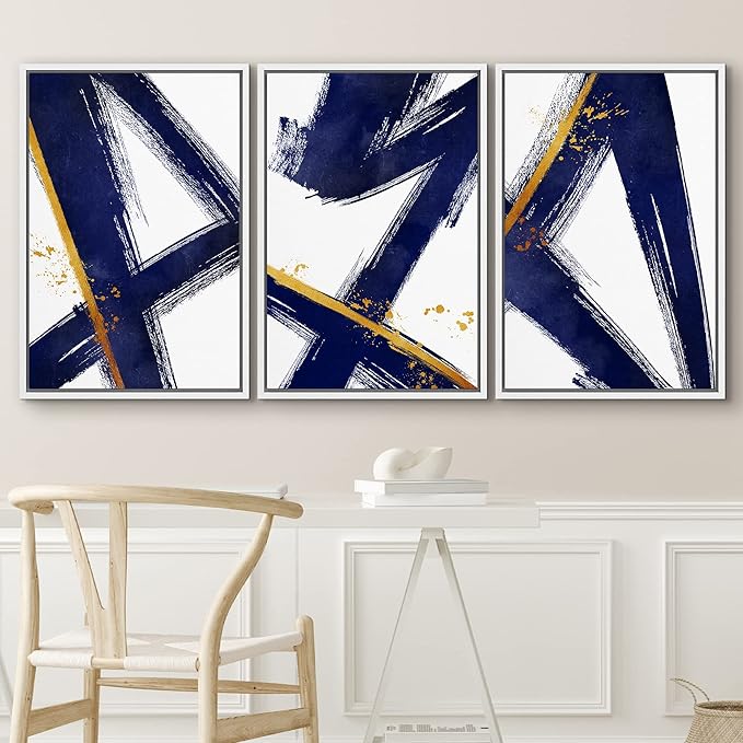 IDEA4WALL Framed Canvas Print Wall Art Set Blue Gold Geometric Graffiti Paint Stripes Abstract Shapes Illustrations Modern Art Contemporary for Living Room, Bedroom, Office - 16"x24"x3 White