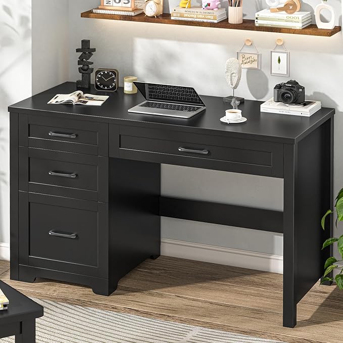 Vabches Farmhouse 47" Executive Desk with File Drawer, Workstation for Home Office, Study, Writing,Wood Computer Desk with 3 Storage Drawers.(Black