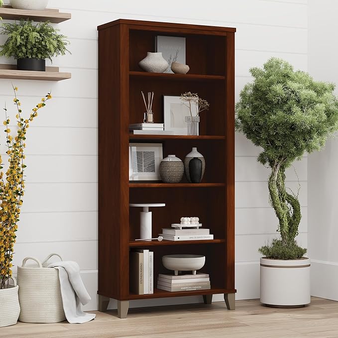 Bush Home Somerset 5 Shelf Bookcase in Hansen Cherry, Tall Bookshelf, Large Book Shelf for Living Room, Home Office, or Entryway