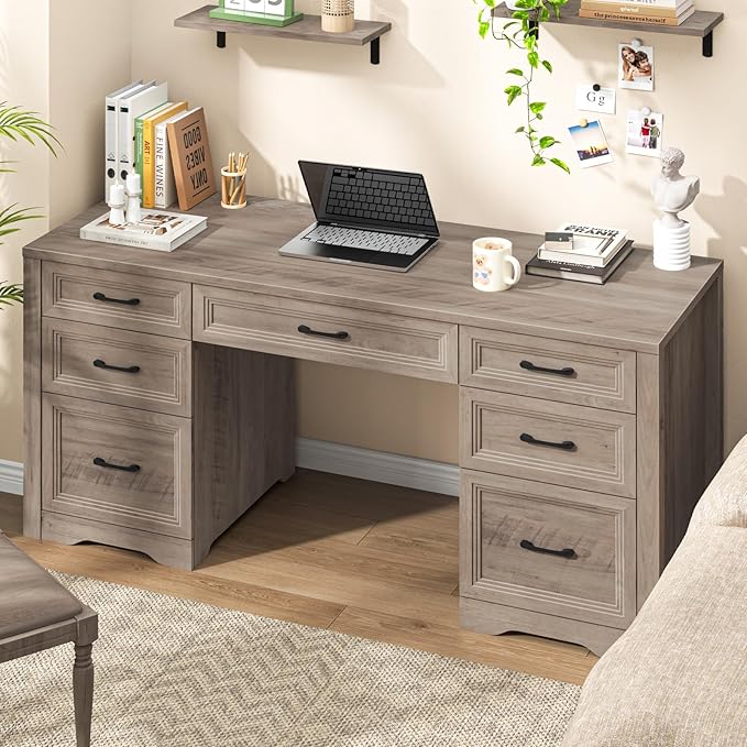 Farmhouse Executive Desk, Wood Home Office Desk with 2 Large File Drawers and 5 Storage Cabinets, Rustic Writing Desk for Work and Study, Grey