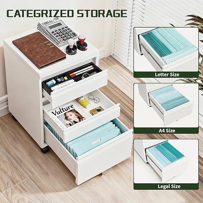 3 Drawer File Cabinet with Lock,Rolling Mobile File Cabinet with Wheels for Home Office,Under Desk Metal Filing Cabinet,Office Storage Organizer,Fully Assembled,White
