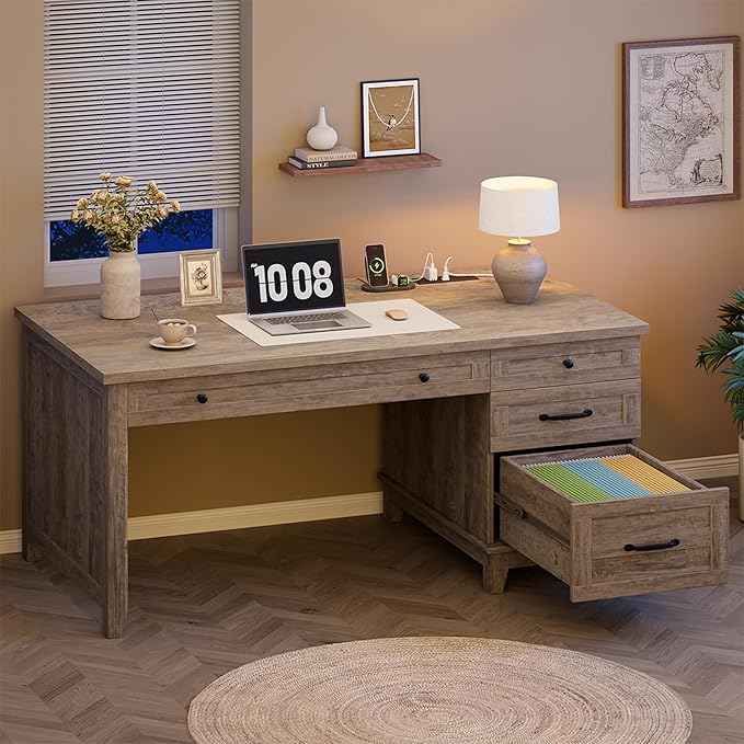 GarveeHome Farmhouse Executive Desk with Drawers, 53.54 in Home Office Desk with Charging Station, Wooden Computer Desk with File Cabinet Storage for Work Study Writing, Rustic Gray
