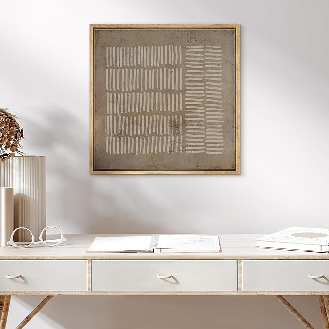 SIGNWIN Framed Canvas Print Wall Art Brown White Grunge Geometric Lines Abstract Shapes Illustration Modern Art Decorative Boho Relax/Zen Nordic for Living Room, Bedroom, Office - 16"x16" Natural