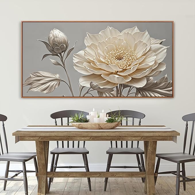 Large Wall Art Living Room Home Wall Decor Modern Canvas Art Wall Decor 29 X 58 Inches White Flower Wall Art Painting Print Elegant Silver White Flower Picture For Bedroom Office Artwork With Framed