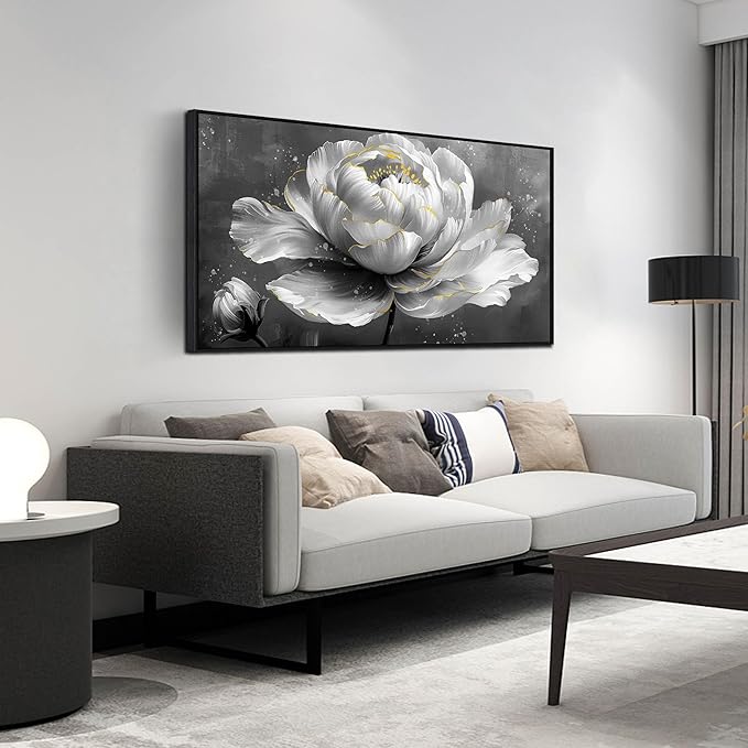 AOZEMI Black and White Wall Art Floral Art Wall Decor Flower Wall Decorations Gray Paintings for Home Kitchen Bedroom 24"x48"