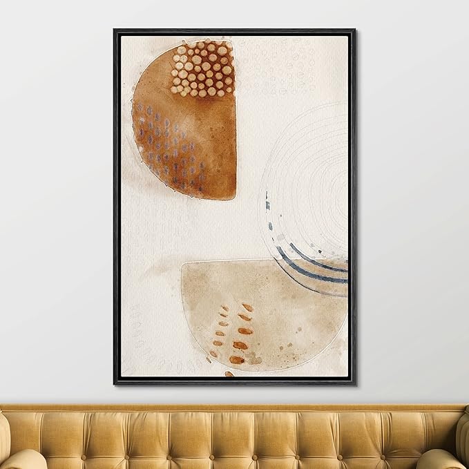 SIGNFORD Framed Canvas Wall Art Brown, Biege and White Organic Circles and Lines Geometric Shapes Illustrations Minimalism Modern Relax/Calm for Living Room, Bedroom, Office - 24x36 inches