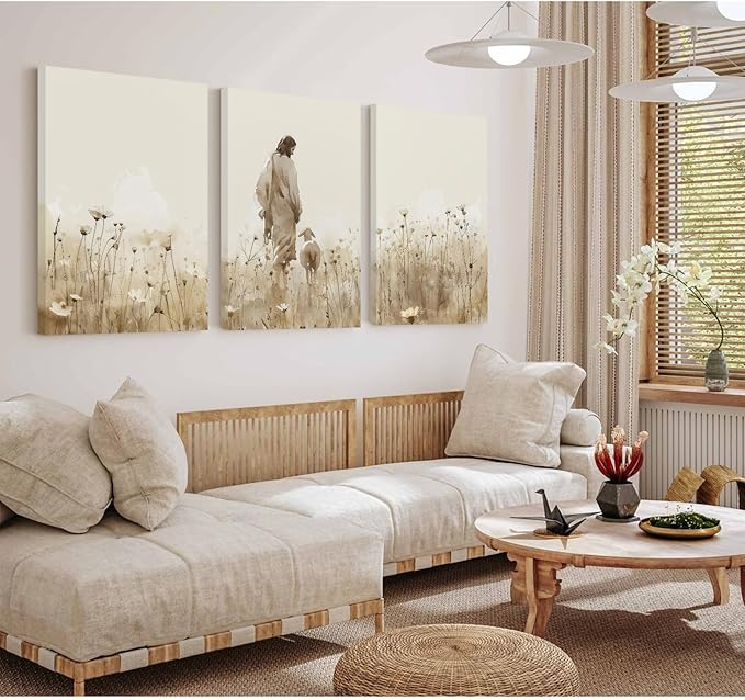 Jesus Leaves the 99 Sheep Wall Art Christian Canvas Poster Jesus and Lamb Wall Decor Religious Pictures Lost Sheep Painting God Christ Painting Artwork for Bedroom Living Room 12x16x3 Inch Ready to Hang