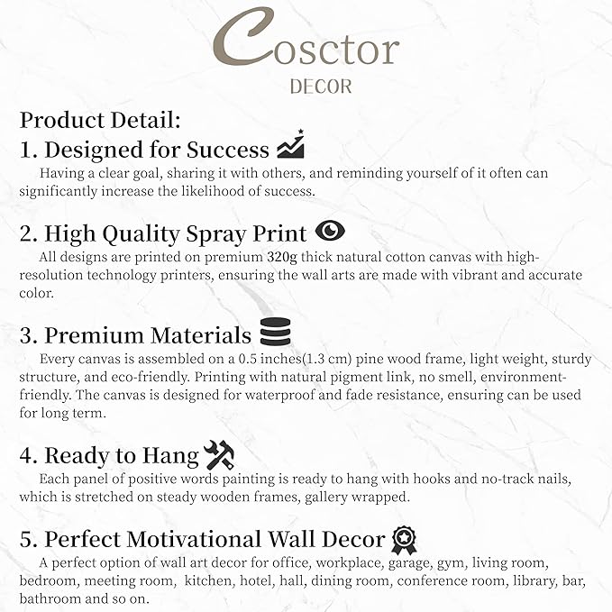 COSCTOR Set of 6 Grind Hustle Execute Determination Persistence Success Motivational Wall Art Picture Decor Canvas Framed for Office Bedroom Inspirational Home Posters Paintings Ready to Hang(Framed,16x24)