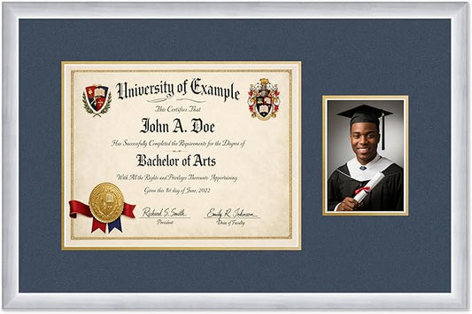 CountryArtHouse Fits 14 x 11 College Diploma (Modern) and 5 x 7 Photo Diploma and Photo Frame Stainless Silver Genuine Hardwood with Navy Blue Over Metallic Gold Double mat