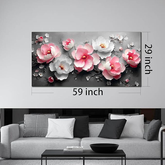 Flower Canvas Wall Art for Living Room - Pink and White Room Decor for Women - Girls Bedroom Wall Decor Size 29" x 59"