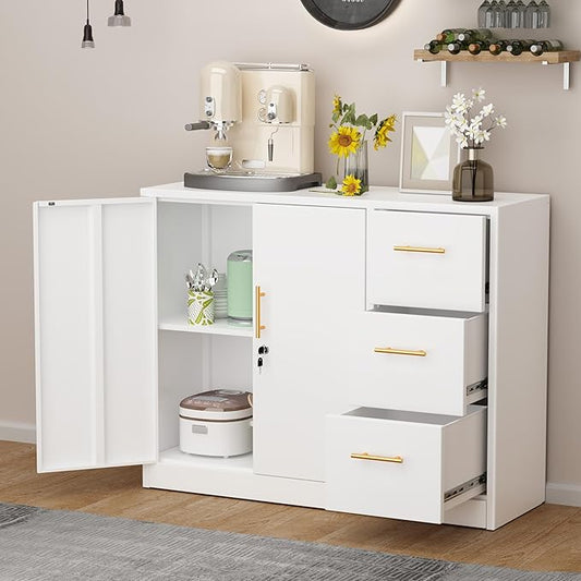 Metal Sideboard Buffet Cabinet, Storage Cabinets with 3 Drawers and Shelf, White Locking Steel File Storage Cabinet, Kitchen Cabinet Cupboard Pantry for Office Dining Living Room Kitchen Garage