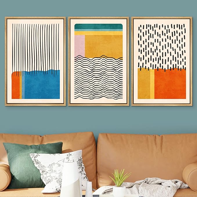 SIGNWIN Framed Canvas Print Wall Art Set Mid-Century Vibrant Color Block Collage Abstract Geometric Illustrations Graffiti & Street Art Modern Art for Living Room, Bedroom, Office - 16"x24"x3 Natural