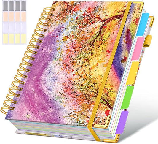Hardcover Spiral Notebook Journal with Removable Dividers Tabs, 300 Pages 5 Subject Notebook College Ruled, 100GMS Notebooks for Work School Note Taking,Lined Journal for Women,Autumn Tree