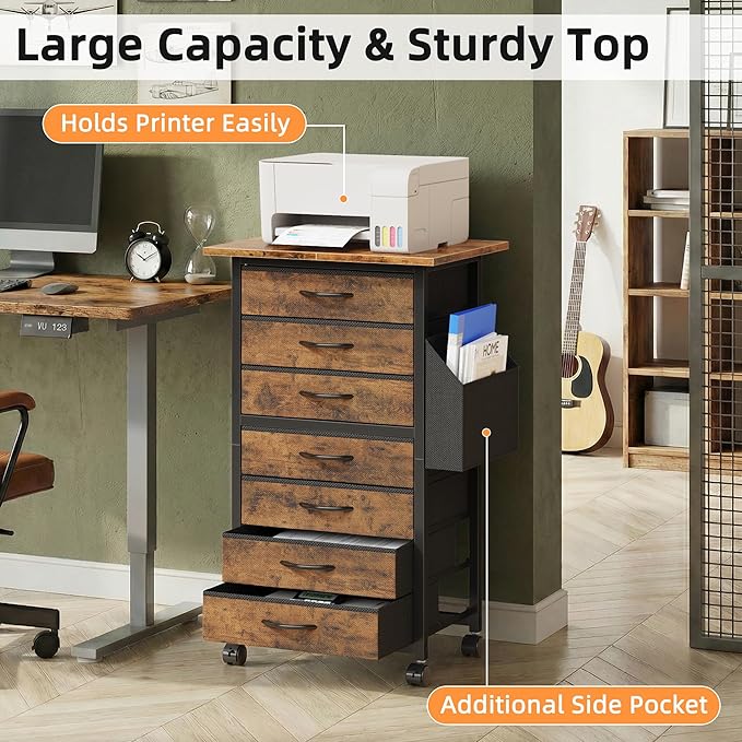 7 Fabric Drawers File Cabinet with Side Pocket, Rolling Printer Stand with Storage for Home Office, Wood Top Storage Cabinet for Documents and Crafts, Rustic Brown, 15" D