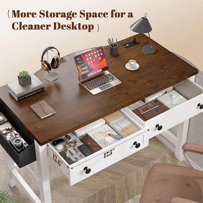 EnHomee Computer Small Desk with Power Outlets, White Desk with 2 Drawers, Small Study Writing Table with Stable Frame for Home Office, Modern Simple Vanity Desks for Bedroom