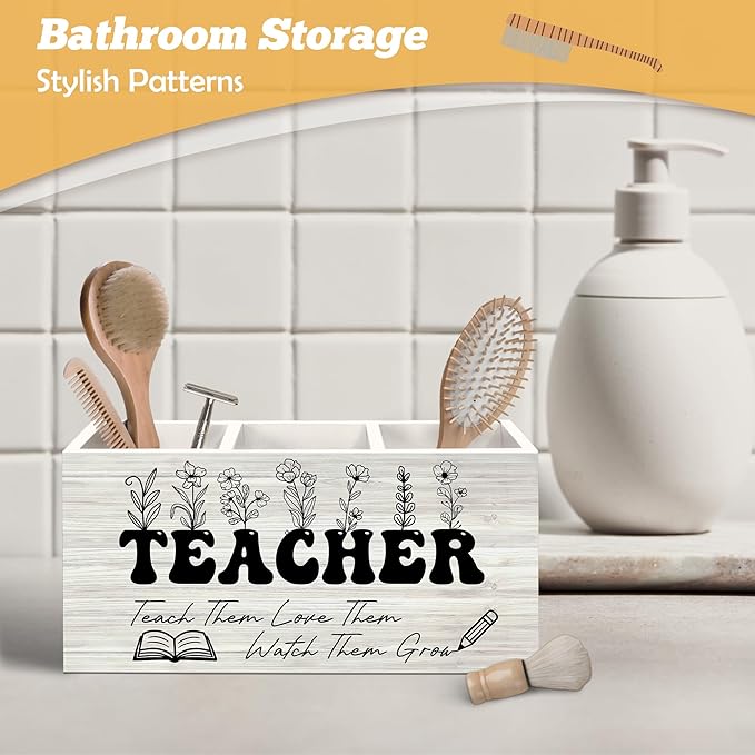 Teacher Pen Holder Organizer for Desk Accessories, Floral Themed Wooden Box Sign Desk Decorations for Office Classroom Tabletop, Graduation Teacher Appreciation Gifts for Women Men Teachers