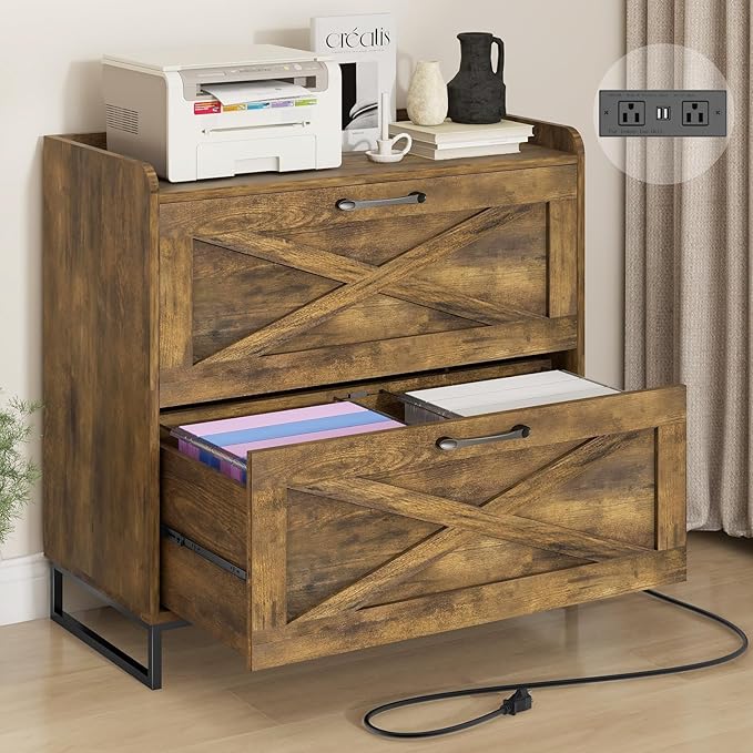2 Drawer Lateral File Cabinet, Filing Cabinet with Charging Station for Letter/Legal/A4 Size Hanging Files, Modern Farmhouse File Storage Cabinet for Home Office, Printer Stand with Storage, Brown