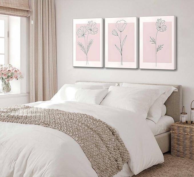 3 Pieces Minimalism Botanical Canvas Wall Art Pink Flowers Line Plants Pictures Wall Decor Posters Print Artwork for Girls' Room Living Room Bedroom Bathroom Office Home Decoration