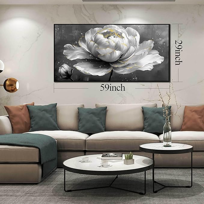 Floral Wall Art Black Framed Wall Paintings White Pictures Large Wall Decorations for Girl Women Room 29"x59"