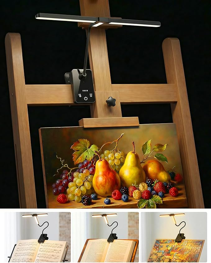 Clip-On Easel Light, Rechargeable Artist Lamp with 4 Color Modes & 3 Brightness, Flexible Arm Reading Light Music Stand Light, for Piano Bed Reading Desk Puzzle, Art Lamps for Paintings