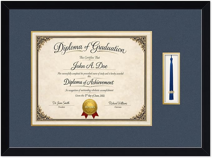 Diploma Frame with Tassel Holder Matte Black Shadowbox Navy Blue Over Gold Mat - Fits 14 x 11 Degree Made in the USA