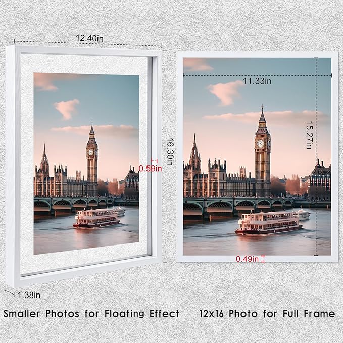MUYE 12x16 Floating Frame Set of 2,Double Real Glass Photo Frame,Display Any Size Photo up to 12x16,Wall Mount or Tabletop Standing,White