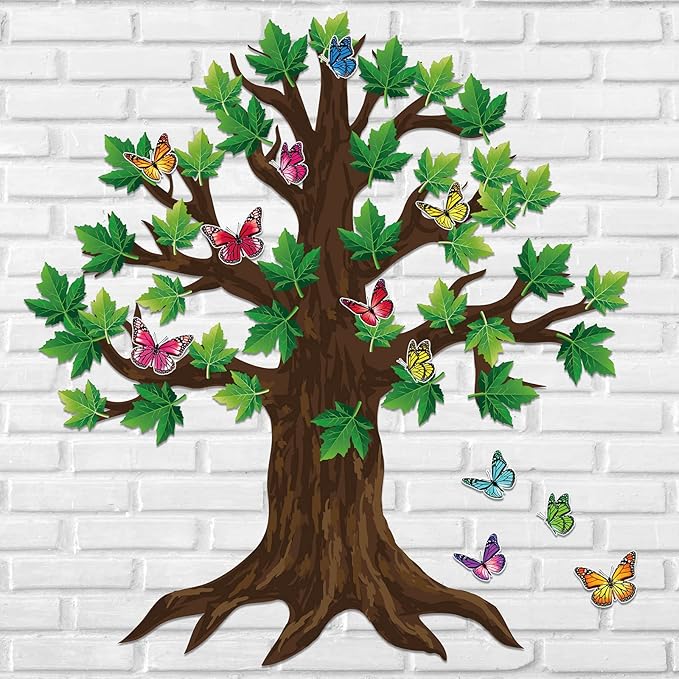 60 Pieces 70 x 55 Inch Classroom Big Tree Bulletin Board Set with Leaves and Butterflies, Woodland Whimsy Decor with 180 Pieces Removable Glue Point Dots for School Decoration (Light Green Leaves)