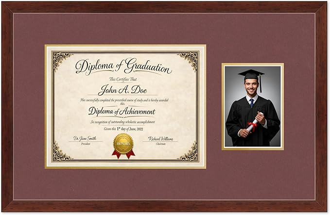 Diploma Frame With Photo Opening Rustic Walnut Dark Red Over Gold Mat - Fits 13 x 10 Degree and Picture Made in the USA