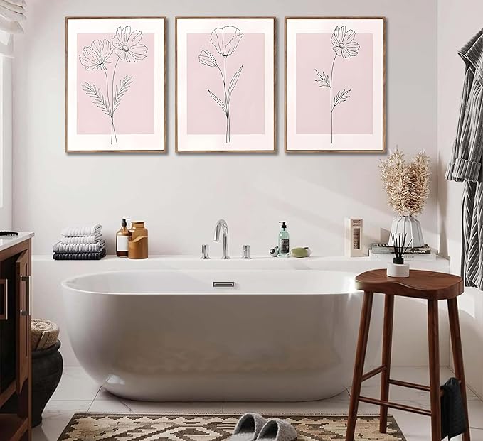 3Pcs Framed Minimalism Botanical Canvas Wall Art Pink Flowers Line Plants Pictures Wall Decor Posters Print Artwork for Girls' Room Living Room Bedroom Bathroom Office Home Decoration