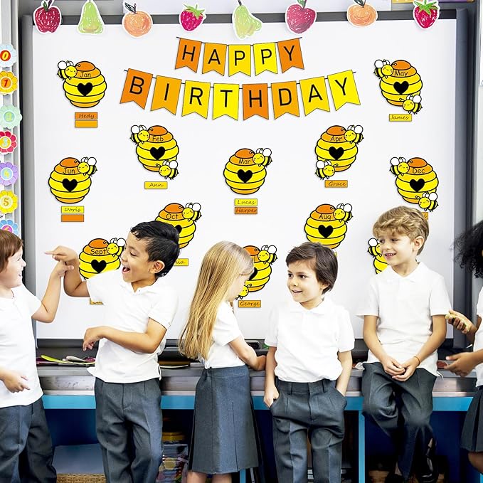 JarThenaAMCS 85Pcs Bee Birthday Bulletin Board Decorations Set Bees Hives Birthday Calendar Poster Honeycomb Paper Cutouts Party Supplies for Teacher Students Back to School Classroom Wall Decor